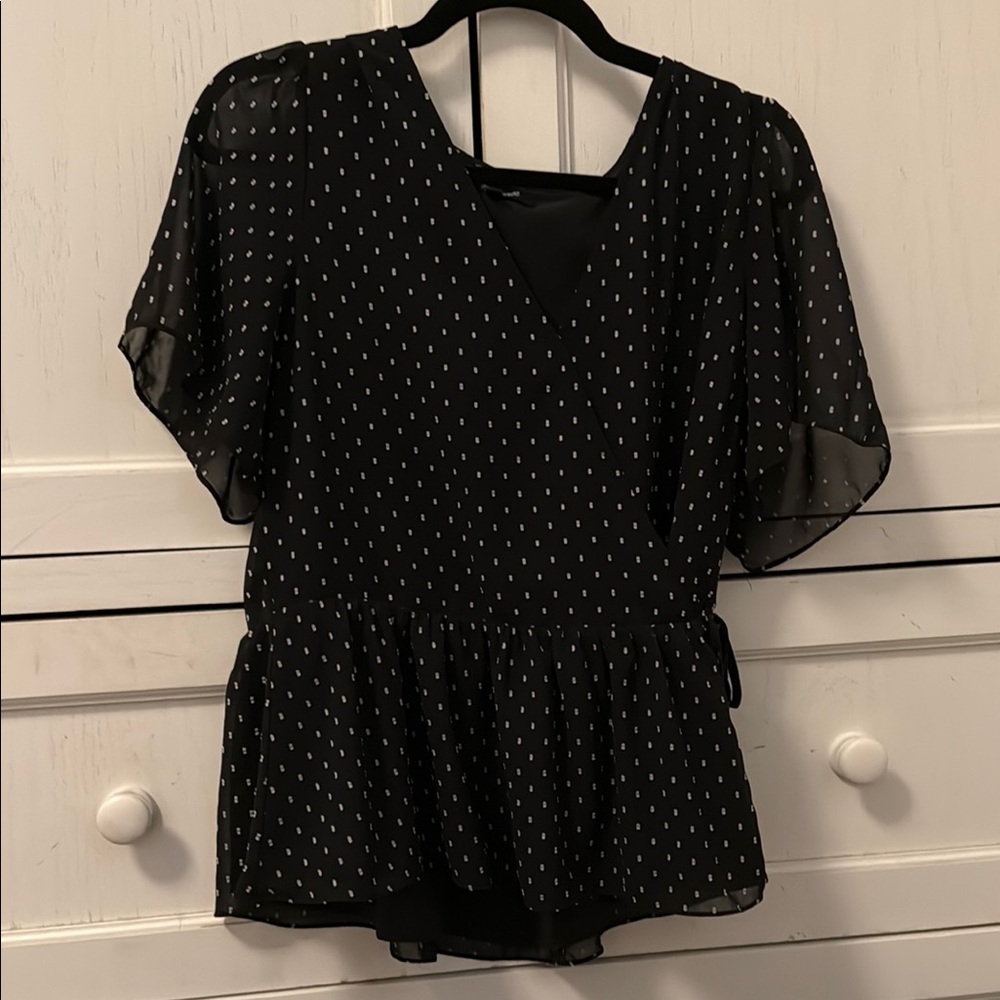 Madewell Black and White Flutter Sleeve Peplum Blouse
